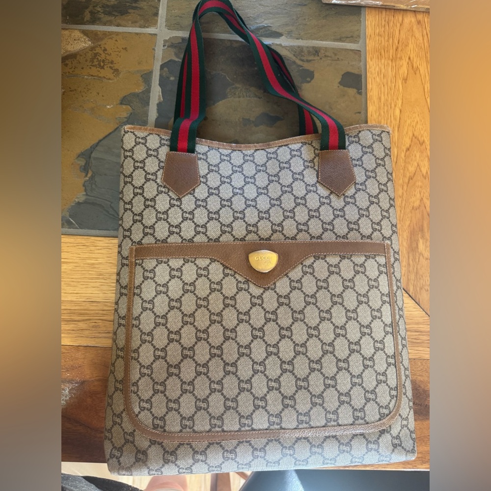 Gucci Beige Brown GG Canvas Tote with Green-Red Stripe Handles